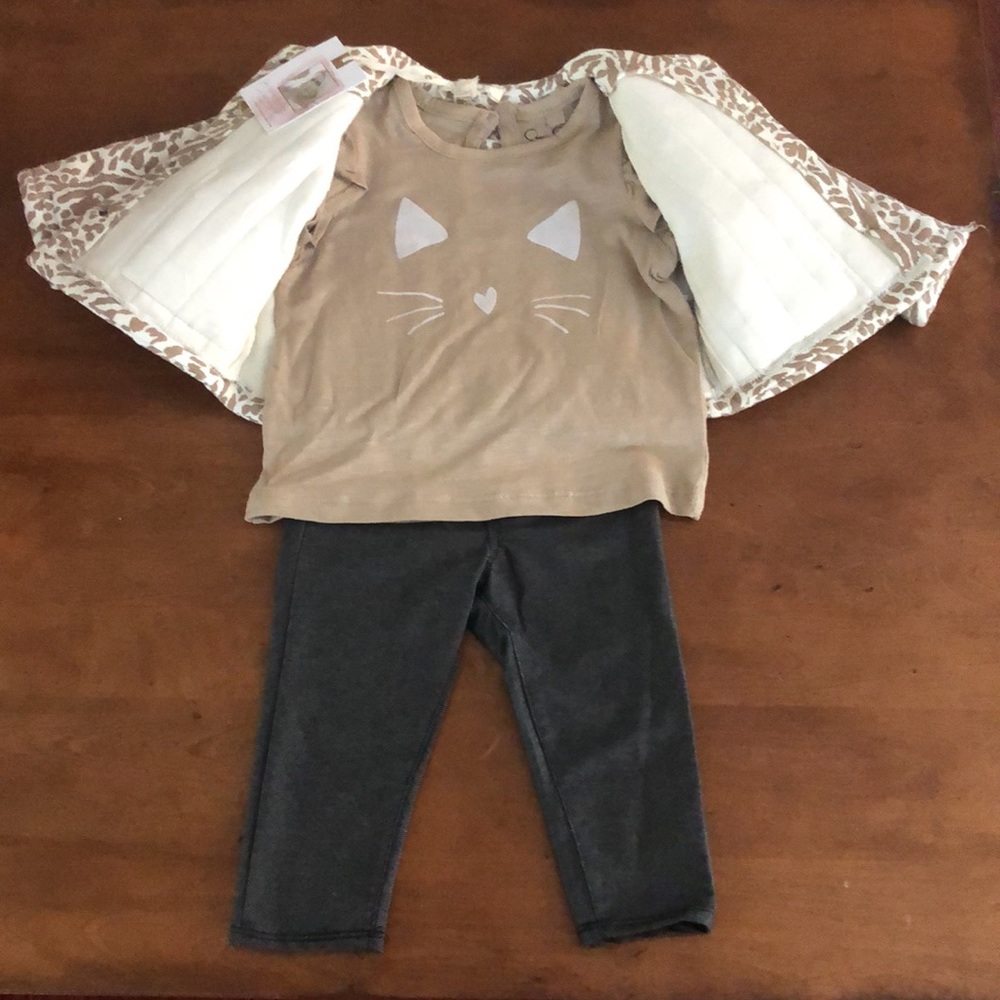 Jessica Simpson 12 months baby girl 3 piece taupe kitty cat animal set